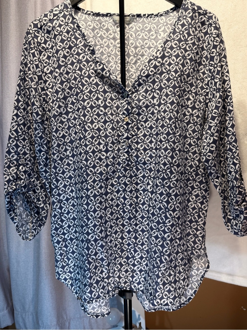 Linen by Hester and Orchard Navy and White Geometric V-Neck Blouse Sz XL